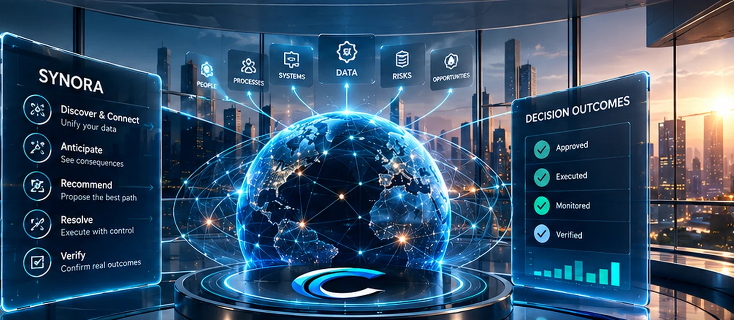 Cinematic illustration of interconnected global intelligence and a SYNORA interface